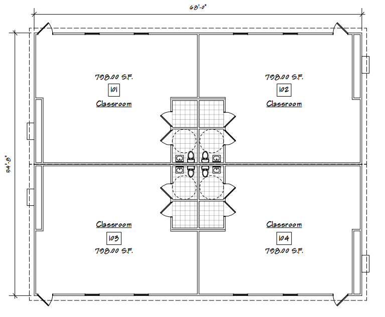 A floor plan of the four rooms in a building.