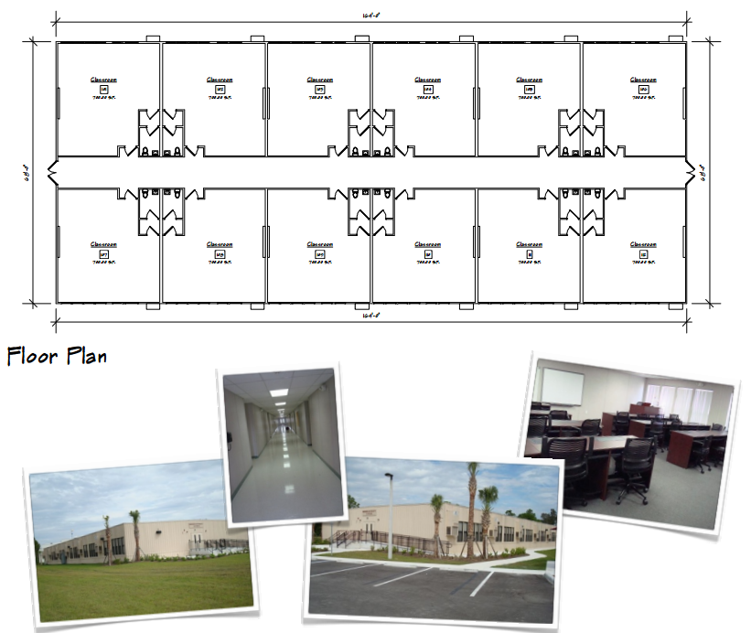 A floor plan of an office building with pictures of the inside and outside.