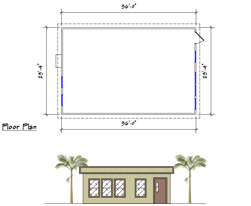 A drawing of a building with measurements on it.