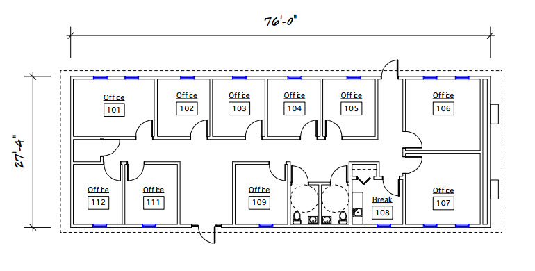 A floor plan of an office building with multiple cubicles.