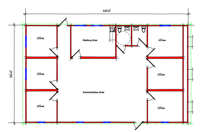 A floor plan of the building with many windows.