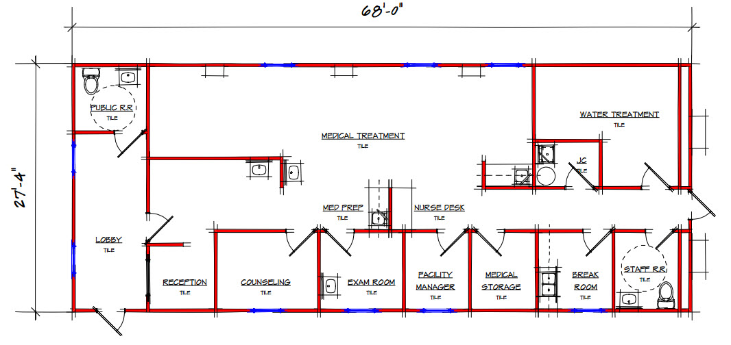 A floor plan of a building with multiple rooms.