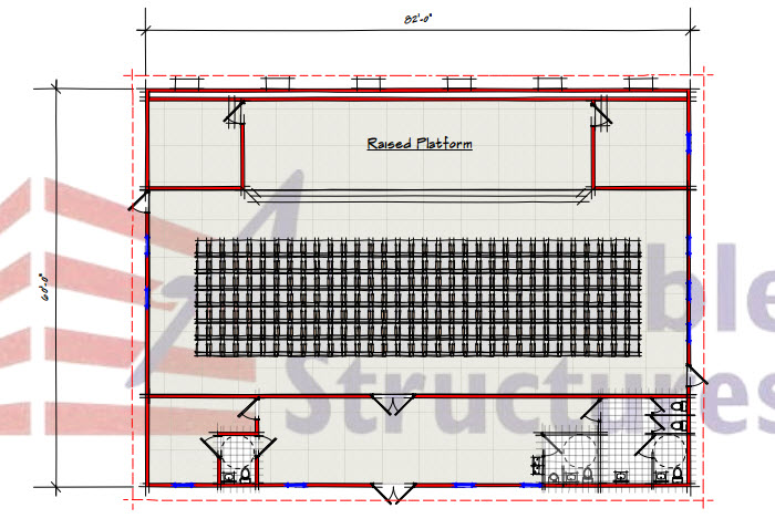 A floor plan of a building with seating.
