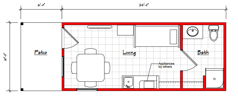 A floor plan of the kitchen with a table and chairs.