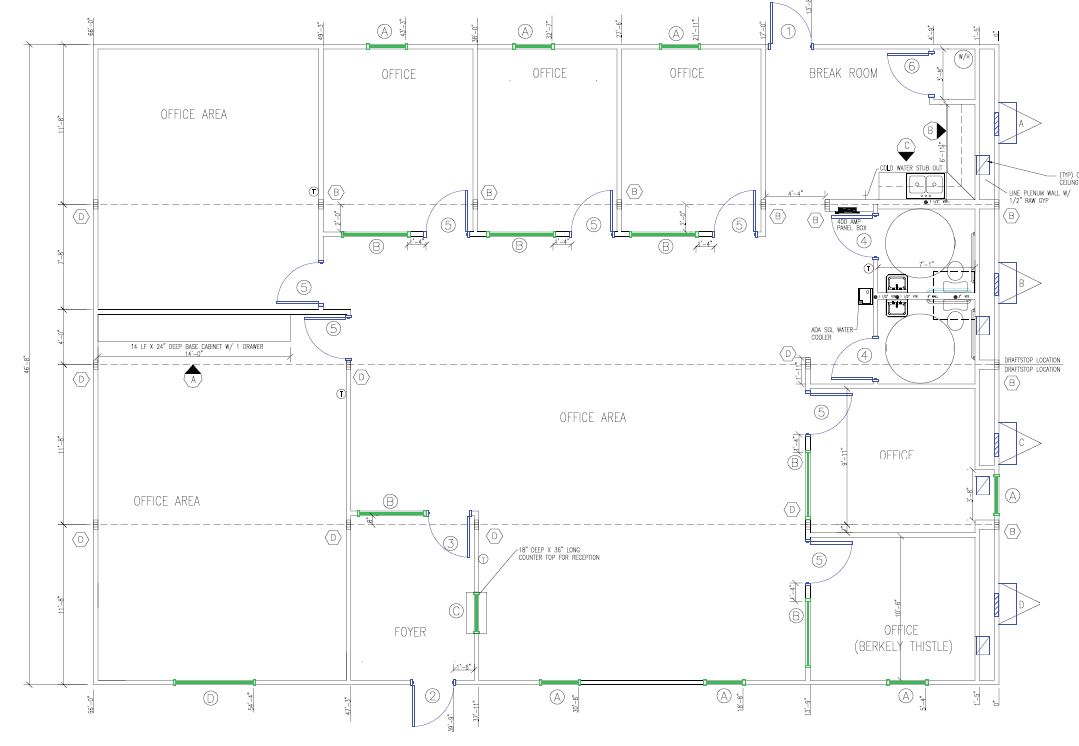 A floor plan of the ground level with electrical wiring.