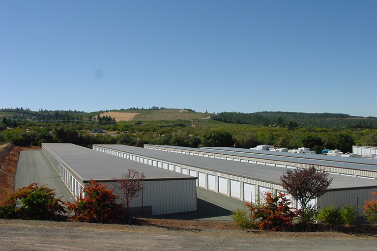 A row of storage units in an empty lot.