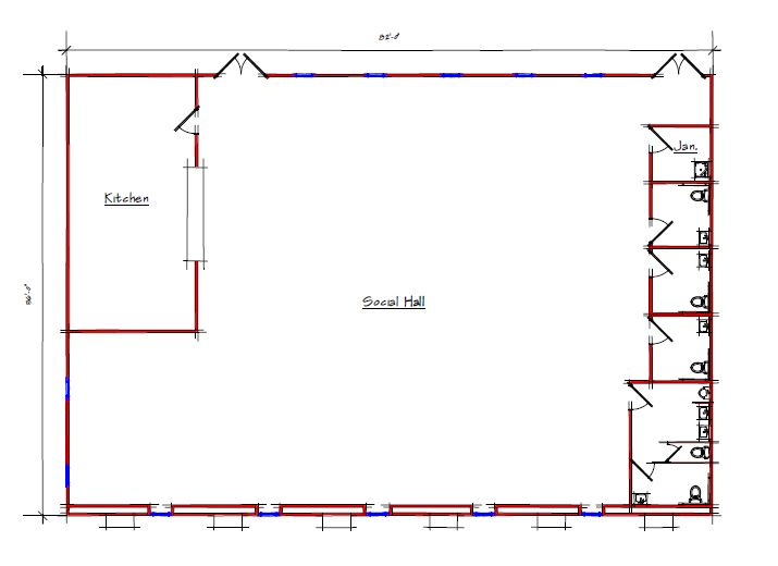 A floor plan of the ground level of a building.